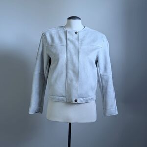 Gray Micro Suede Moto Bomber Jacket Zipper White Monochrome Light Blazer